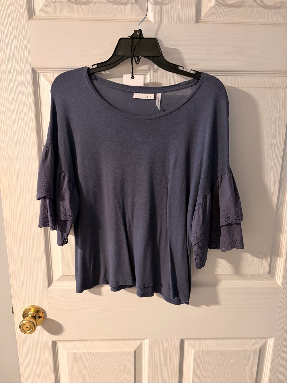 Women's Navy Short Sleeve Top with Ruffle Eyelet Sleeves
